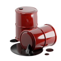 3D rendering of isometric red metal barrels with oil products. Pollution of environment with waste of oil refining and chemical industry. Realistic PNG illustration isolated on transparent background