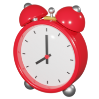 3D rendering of red mechanical alarm clock with hour and minute hand. Wake up watch lifestyle, punctuality. Realistic PNG illustration isolated on transparent background