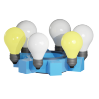 3D rendering of Light bulb business meeting business meeting at gear mechanism table. Teamwork, brainstorming, startup team. Realistic PNG illustration isolated on transparent background