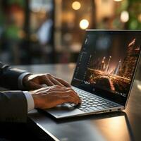 A sleek and modern laptop, with a metallic finish and a backlit keyboard. Hand of businessman on keyboard, business professionals, AI Generated photo