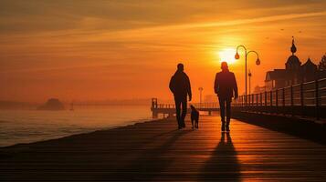 Photograph-silhouette of a man walking his dog on the pier, golden hour, AI Generated photo