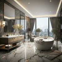 Interior Design of a spacious Modern Luxury Bathroom, AI Generative photo