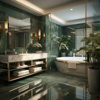 Interior Design of a spacious Modern Luxury Bathroom, AI Generative photo