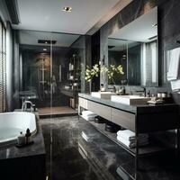 interior diseño de un espacioso moderno lujo baño, ai generativo foto