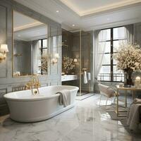 Interior Design of a spacious Modern Luxury Bathroom, AI Generative photo