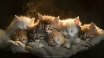 peacefully sleeping baby cat, cozy cute kitten napping, AI Generative photo