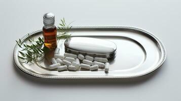 el farmacéutico droga-medicina pastillas cápsulas en plata bandeja. usado para alivio enfermedad, comida suplemento, parte superior vista, ai generativo foto