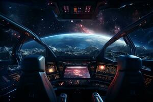 Futuristic Cockpit of spaceship control system room with planets view scenery, Outer space, astronaut. Planet horizon, AI Generative photo