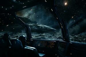 Futuristic Cockpit of spaceship control system room with planets view scenery, Outer space, astronaut. Planet horizon, AI Generative photo