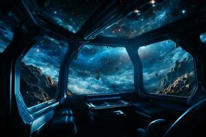 Futuristic Cockpit of spaceship control system room with planets view scenery, Outer space, astronaut. Planet horizon, AI Generative photo