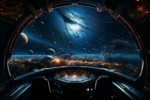Futuristic Cockpit of spaceship control system room with planets view scenery, Outer space, astronaut. Planet horizon, AI Generative photo