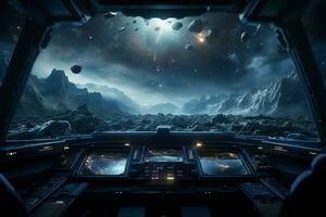 Futuristic Cockpit of spaceship control system room with planets view scenery, Outer space, astronaut. Planet horizon, AI Generative photo