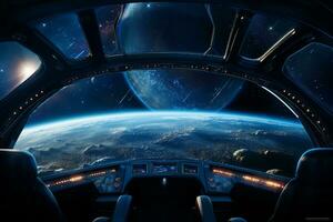 Futuristic Cockpit of spaceship control system room with planets view scenery, Outer space, astronaut. Planet horizon, AI Generative photo