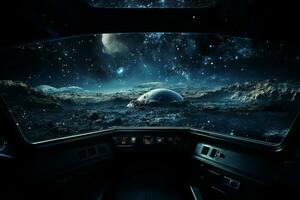 Futuristic Cockpit of spaceship control system room with planets view scenery, Outer space, astronaut. Planet horizon, AI Generative photo