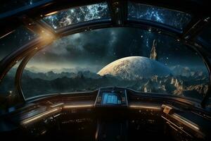 futurista cabina de astronave controlar sistema habitación con planetas ver escenario, exterior espacio, astronauta. planeta horizonte, ai generativo foto