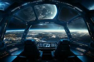 Futuristic Cockpit of spaceship control system room with planets view scenery, Outer space, astronaut. Planet horizon, AI Generative photo