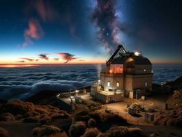 Astronomical Observatory-planetarium under night sky, star trails, milky way, AI Generative photo