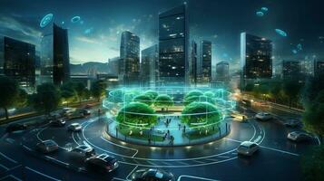 Smart city Futuristic cityscape with light trails connect with wave line creative design, big data connection technology concept, Digital skyline, AI Generative photo