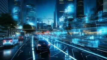 Smart city Futuristic cityscape with light trails connect with wave line creative design, big data connection technology concept, Digital skyline, AI Generative photo