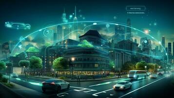 inteligente ciudad futurista paisaje urbano con ligero caminos conectar con ola línea creativo diseño, grande datos conexión tecnología concepto, digital horizonte, ai generativo foto