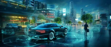 Smart city Futuristic cityscape with light trails connect with wave line creative design, big data connection technology concept, Digital skyline, AI Generative photo