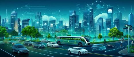 inteligente ciudad futurista paisaje urbano con ligero caminos conectar con ola línea creativo diseño, grande datos conexión tecnología concepto, digital horizonte, ai generativo foto