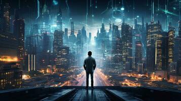 Young generation wearing VR Headset immerse in game simulator-metaverse and fantasy world, futuristic technology abstract shape, AI Generative photo