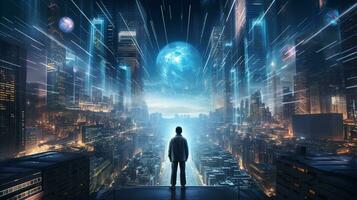 Young generation wearing VR Headset immerse in game simulator-metaverse and fantasy world, futuristic technology abstract shape, AI Generative photo