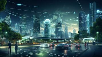 Smart city Futuristic cityscape with light trails connect with wave line creative design, big data connection technology concept, Digital skyline, AI Generative photo