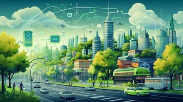 inteligente ciudad futurista paisaje urbano con ligero caminos conectar con ola línea creativo diseño, grande datos conexión tecnología concepto, digital horizonte, ai generativo foto