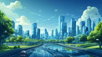 inteligente ciudad futurista paisaje urbano con ligero caminos conectar con ola línea creativo diseño, grande datos conexión tecnología concepto, digital horizonte, ai generativo foto