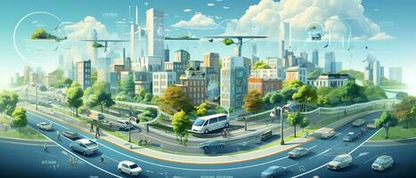 inteligente ciudad futurista paisaje urbano con ligero caminos conectar con ola línea creativo diseño, grande datos conexión tecnología concepto, digital horizonte, ai generativo foto