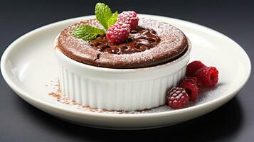 lujo francés postre chocolate soufflé en lámina, goloso alimento, ai generativo foto