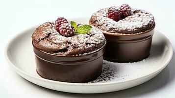 Luxury French dessert Chocolate souffle on plate, gourmand food, AI Generative photo