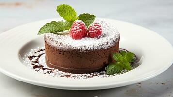 Luxury French dessert Chocolate souffle on plate, gourmand food, AI Generative photo