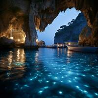 Enchanting beautiful glow of sea, a surreal sight of glowing cave, glittering effect, in a cave, AI Generative photo