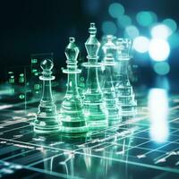 Close-up of a game of chess technology design display Business Management Performance and Financial Flows, strategy board game, problem solving, AI Generative photo