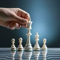 Hand of businessman playing a game of chess, strategy board game, problem solving, Risk management., AI Generative photo