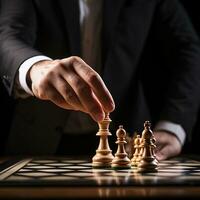 Hand of businessman playing a game of chess, strategy board game, problem solving, Risk management., AI Generative photo