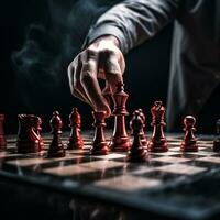 mano de empresario jugando un juego de ajedrez, estrategia tablero juego, problema resolviendo, riesgo gestión., ai generativo foto