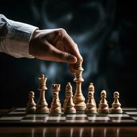 Hand of businessman playing a game of chess, strategy board game, problem solving, Risk management., AI Generative photo