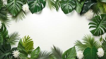 Tropical frame with green palm leaves Design on background, Copy space, Summer background, AI Generative photo