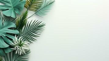 Tropical frame with green palm leaves Design on background, Copy space, Summer background, AI Generative photo