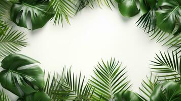 Tropical frame with green palm leaves Design on background, Copy space, Summer background, AI Generative photo