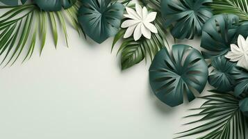 Tropical frame with green palm leaves Design on background, Copy space, Summer background, AI Generative photo