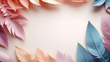 Pastel colorful feather on background, abstract papercut design, copy space, AI Generative photo