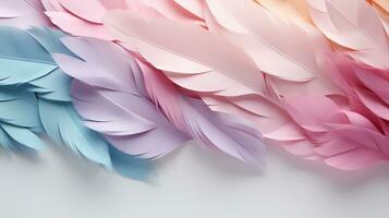 Pastel colorful feather on background, abstract papercut design photo