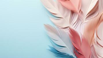 Pastel colorful feather on background, abstract papercut design, copy space, AI Generative photo