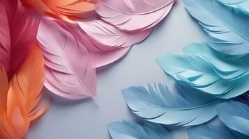 Pastel colorful feather on background, abstract papercut design, AI Generative photo