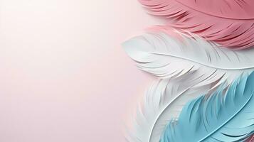 Pastel colorful feather on background, abstract papercut design, copy space, AI Generative photo